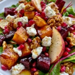 Golden Butternut Squash & Beetroot Salad with Pear, Pomegranate, Goat Cheese & Maple Walnuts