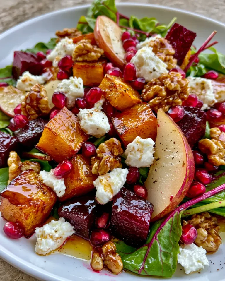 Golden Butternut Squash & Beetroot Salad with Pear, Pomegranate, Goat Cheese & Maple Walnuts