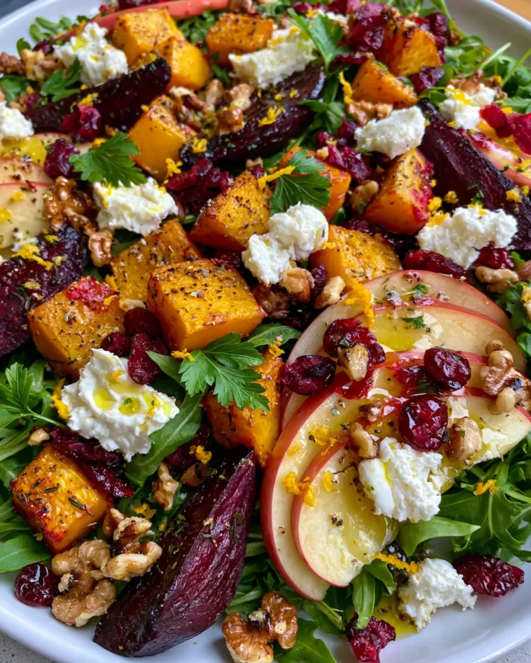 Golden Butternut & Beetroot Salad with Apple, Rocket, Creamy Goat Cheese & Zesty Orange Dressing
