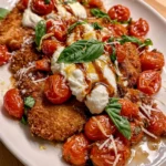 Golden Chicken Cutlets with Creamy Burrata, Blistered Tomatoes, Fresh Basil & Balsamic Drizzle