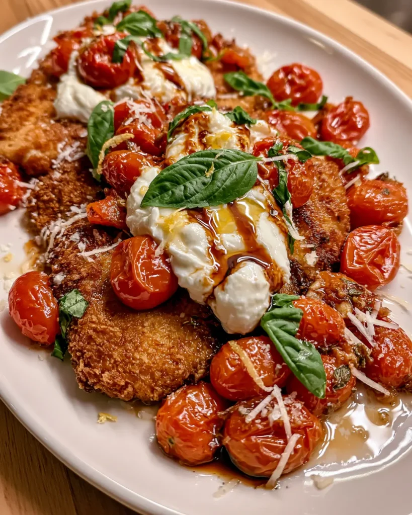 Golden Chicken Cutlets with Creamy Burrata, Blistered Tomatoes, Fresh Basil & Balsamic Drizzle