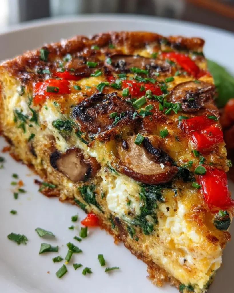 Golden Crustless Vegetable Quiche with Spinach, Mushrooms, Feta & Roasted Capsicum