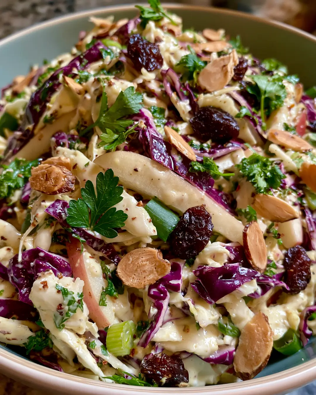 Golden Curry Coleslaw with Apple, Raisins, Toasted Almonds & Creamy Dressing