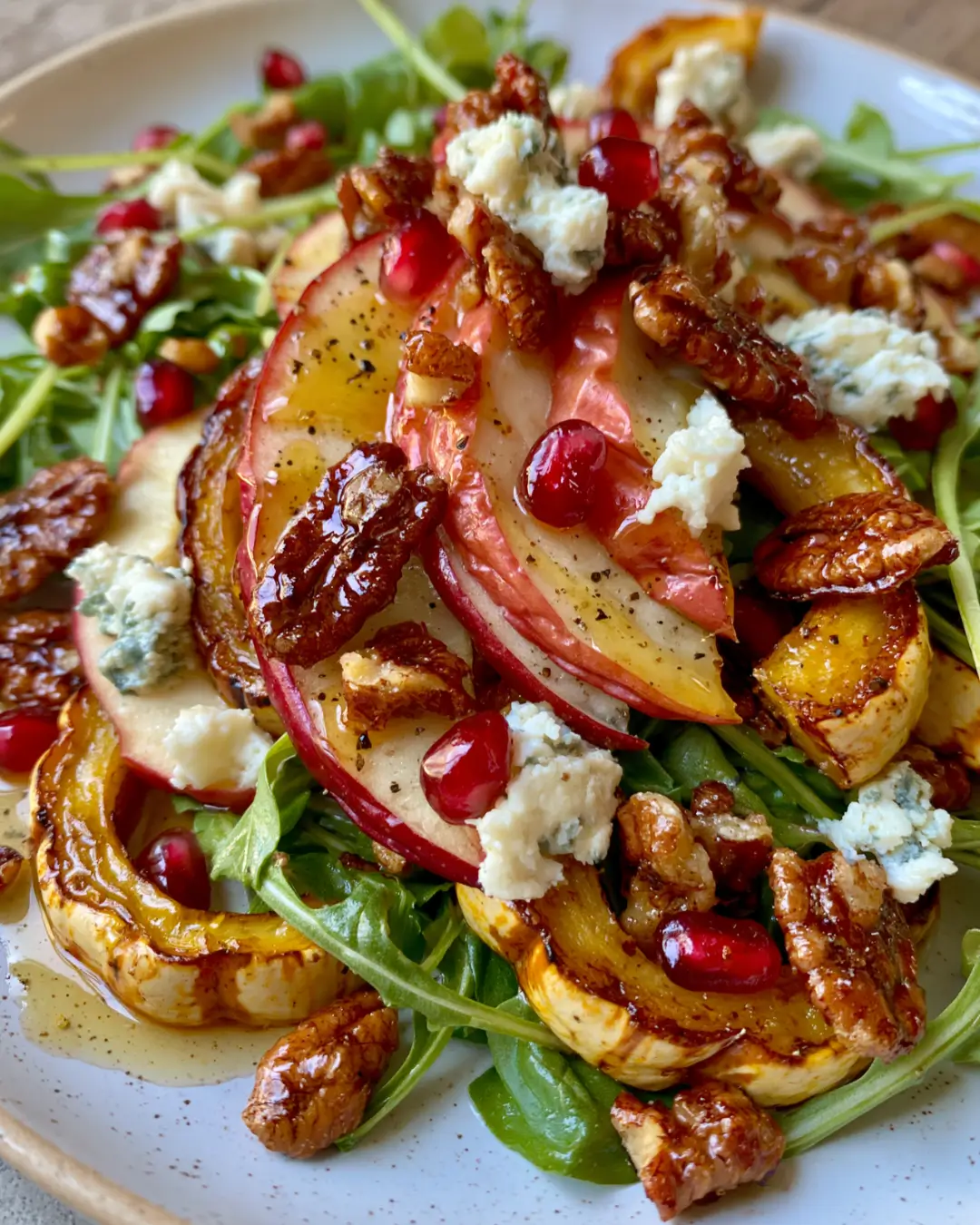 Golden Delicata Squash & Apple Salad with Gorgonzola, Pomegranate, Candied Pecans & Hot Honey