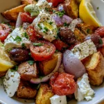 Golden Greek Salad with Whipped Feta, Crispy Potatoes & Creamy Lemon Dressing
