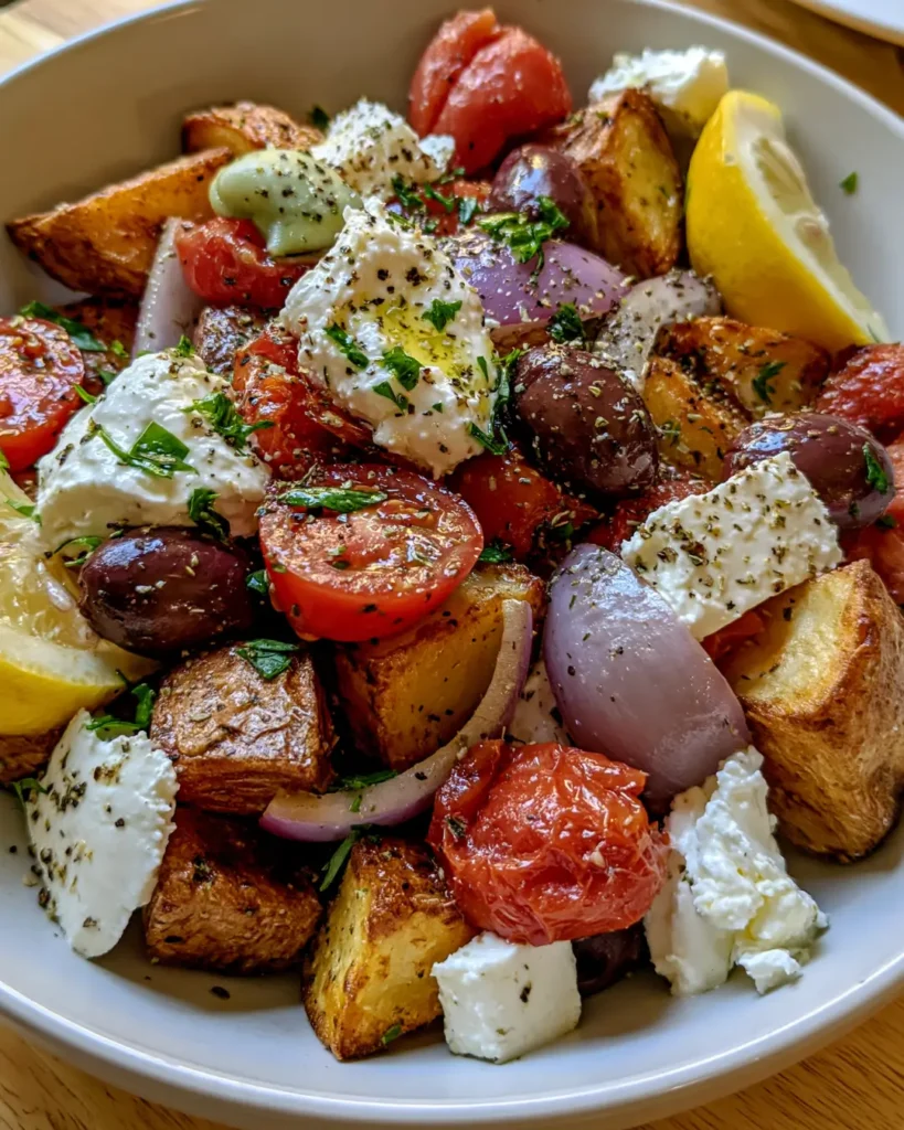 Golden Greek Salad with Whipped Feta, Crispy Potatoes & Creamy Lemon Dressing