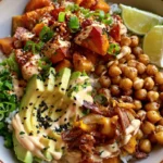 Golden Pumpkin & Chickpea Rice Bowl with Avocado, Crispy Onions & Creamy Tahini Lime