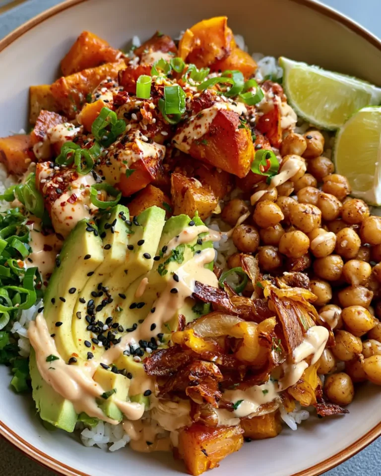 Golden Pumpkin & Chickpea Rice Bowl with Avocado, Crispy Onions & Creamy Tahini Lime