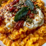 Golden Pumpkin & Apple Mafaldine with Burrata, Crispy Sage, Candied Pecans & Hot Honey