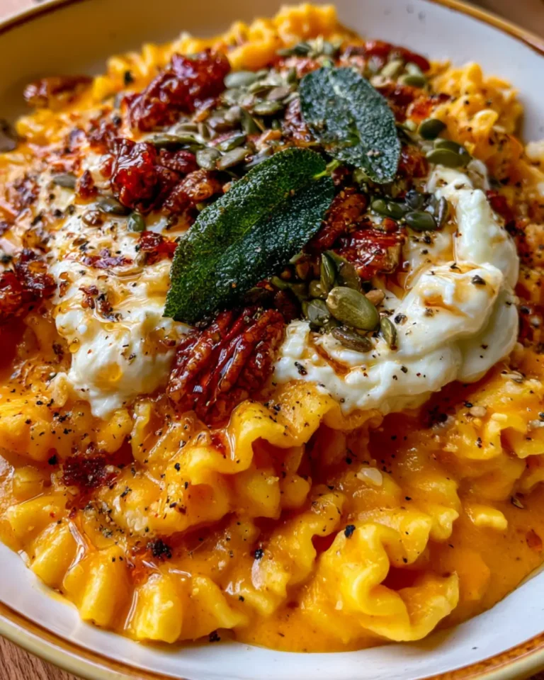 Golden Pumpkin & Apple Mafaldine with Burrata, Crispy Sage, Candied Pecans & Hot Honey
