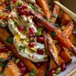 Golden Roasted Carrots & Sweet Potatoes with Whipped Feta, Pistachios, Pomegranate & Hot Honey