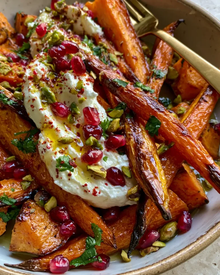 Golden Roasted Carrots & Sweet Potatoes with Whipped Feta, Pistachios, Pomegranate & Hot Honey