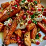 Golden Roasted Carrots & Sweet Potatoes with Whipped Feta, Pistachios, Pomegranate & Hot Honey