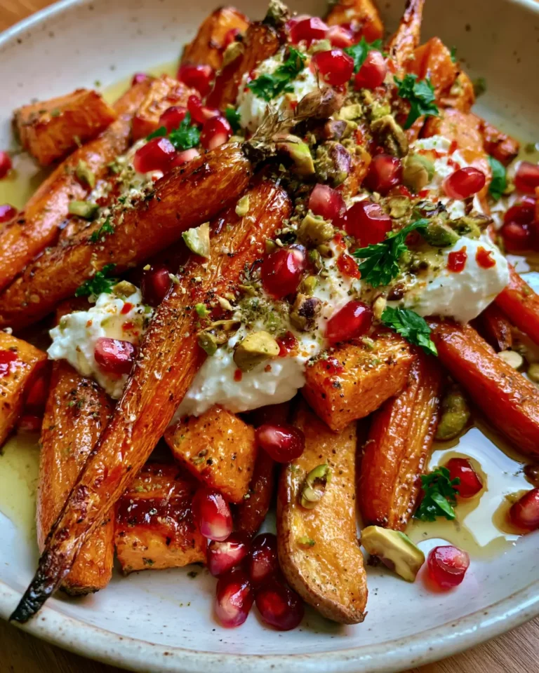 Golden Roasted Carrots & Sweet Potatoes with Whipped Feta, Pistachios, Pomegranate & Hot Honey