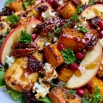 Golden Roasted Parsnips & Sweet Potato with Goat Cheese, Apple, Cranberries & Hot Honey Pecans