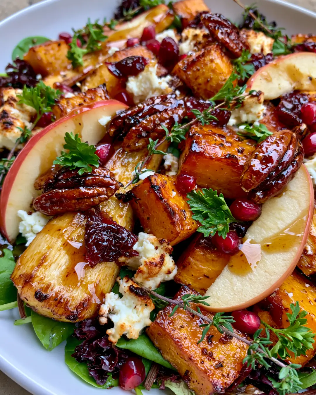 Golden Roasted Parsnips & Sweet Potato with Goat Cheese, Apple, Cranberries & Hot Honey Pecans