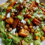 Golden Roasted Pumpkin, Carrot & Chickpea Salad with Feta, Walnuts & Green Goddess Dressing
