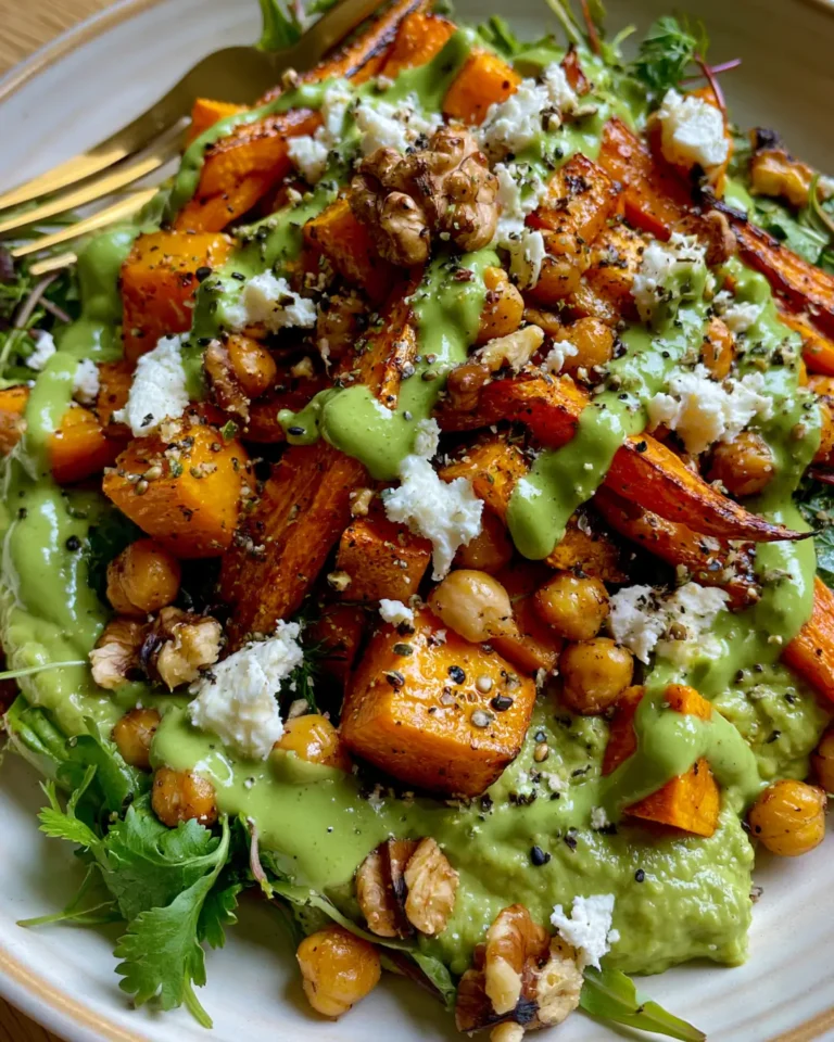 Golden Roasted Pumpkin, Carrot & Chickpea Salad with Feta, Walnuts & Green Goddess Dressing