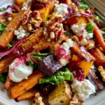 Golden Root Vegetable Salad with Whipped Feta, Candied Walnuts & Cranberry Glaze
