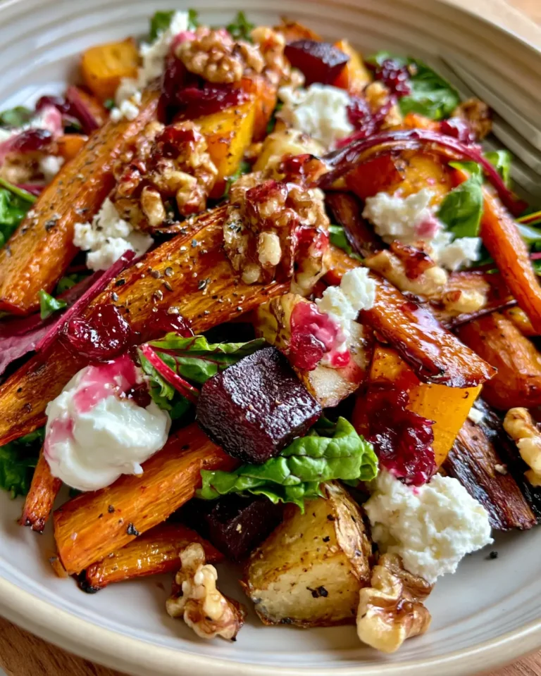 Golden Root Vegetable Salad with Whipped Feta, Candied Walnuts & Cranberry Glaze