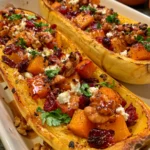 Golden Spaghetti Squash Boats with Roasted Pumpkin, Feta, Cranberries, Candied Walnuts & Maple Honey