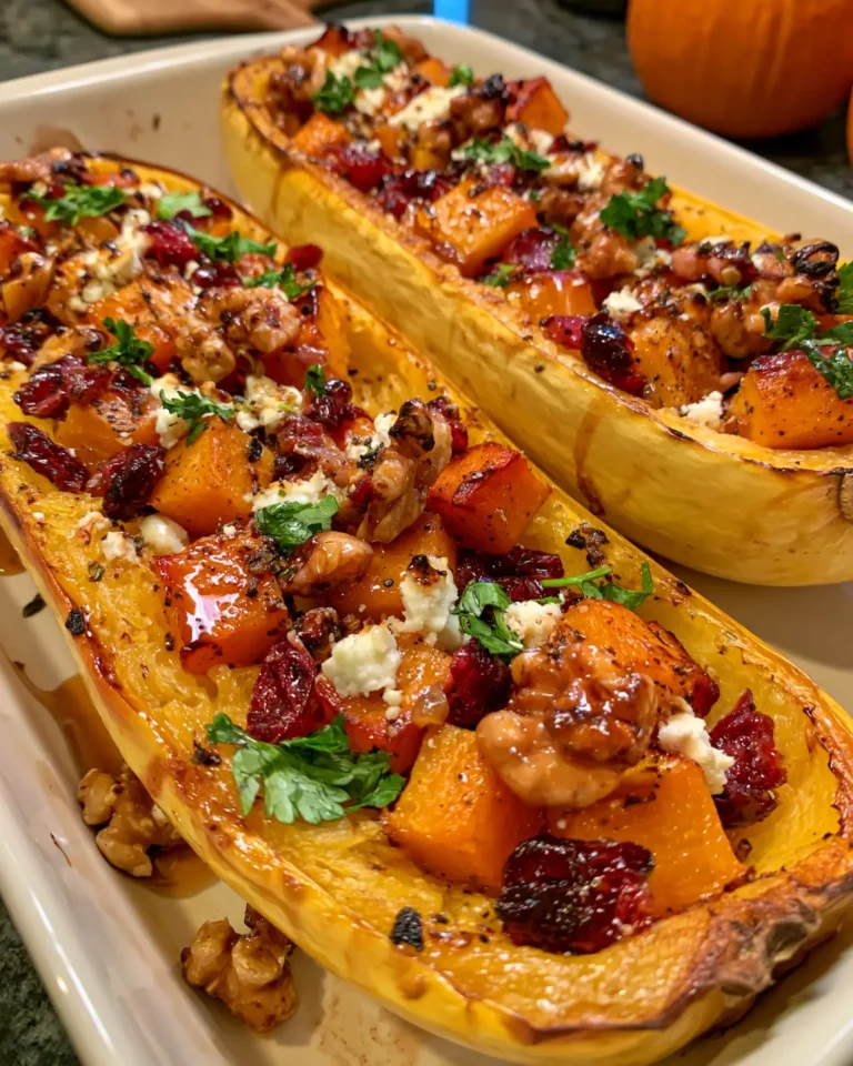 Golden Spaghetti Squash Boats with Roasted Pumpkin, Feta, Cranberries, Candied Walnuts & Maple Honey