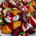 Golden Sweet Potato & Beetroot Christmas Salad with Apple, Pear, Whipped Feta & Cranberry Glaze