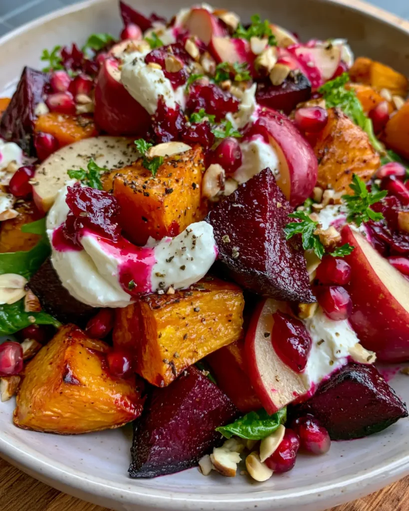 Golden Sweet Potato & Beetroot Christmas Salad with Apple, Pear, Whipped Feta & Cranberry Glaze
