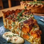 Golden Sweet Potato & Butternut Pot Pie with Garlic Parmesan Cream & Spicy Walnut Crust