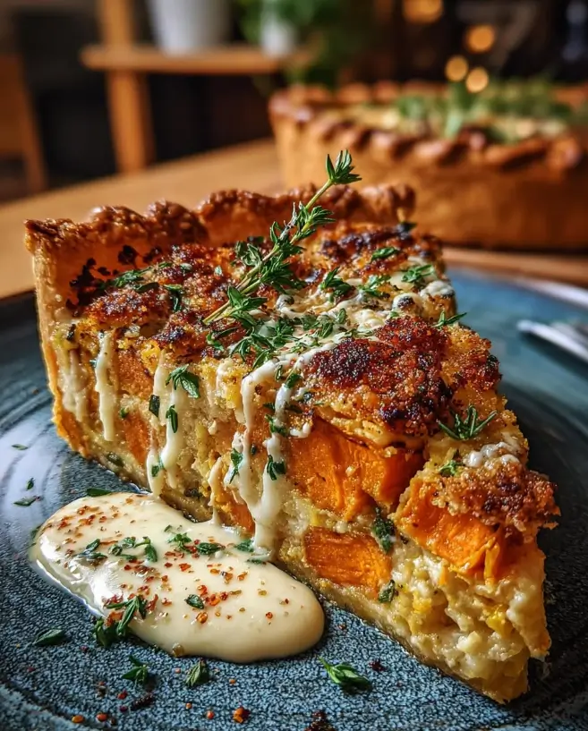 Golden Sweet Potato & Butternut Pot Pie with Garlic Parmesan Cream & Spicy Walnut Crust