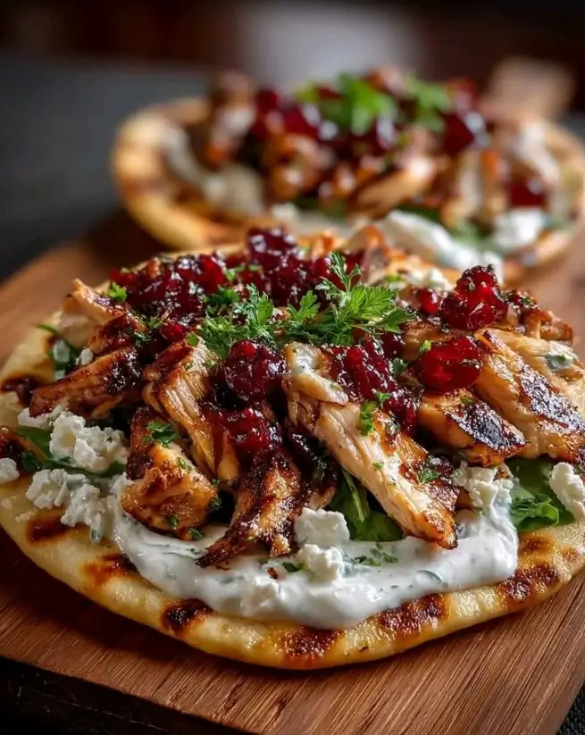 Grilled Chicken Flatbread with Feta, Greens & Cranberry Yogurt Drizzle