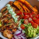 Grilled Chicken & Sweet Potato Bowls with Avocado Tomato Salsa and Creamy Avocado Feta Sauce