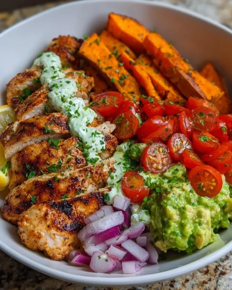 Grilled Chicken & Sweet Potato Bowls with Avocado Tomato Salsa and Creamy Avocado Feta Sauce