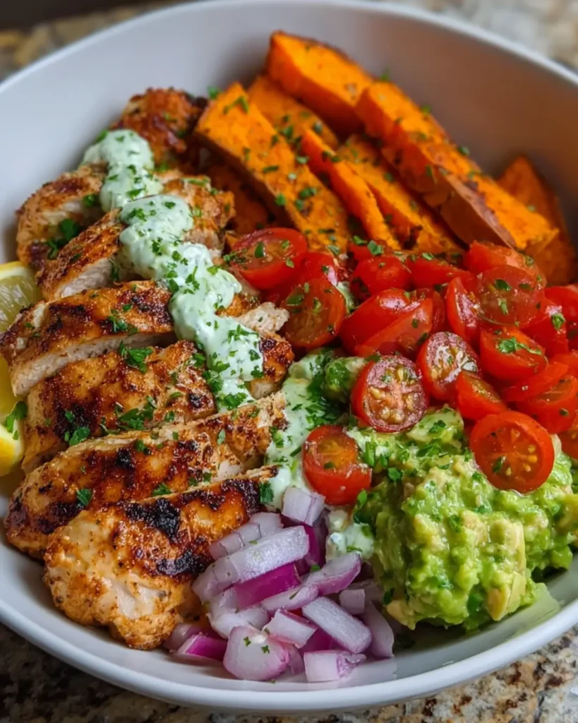 Grilled Chicken & Sweet Potato Bowls with Avocado Tomato Salsa and Creamy Avocado Feta Sauce