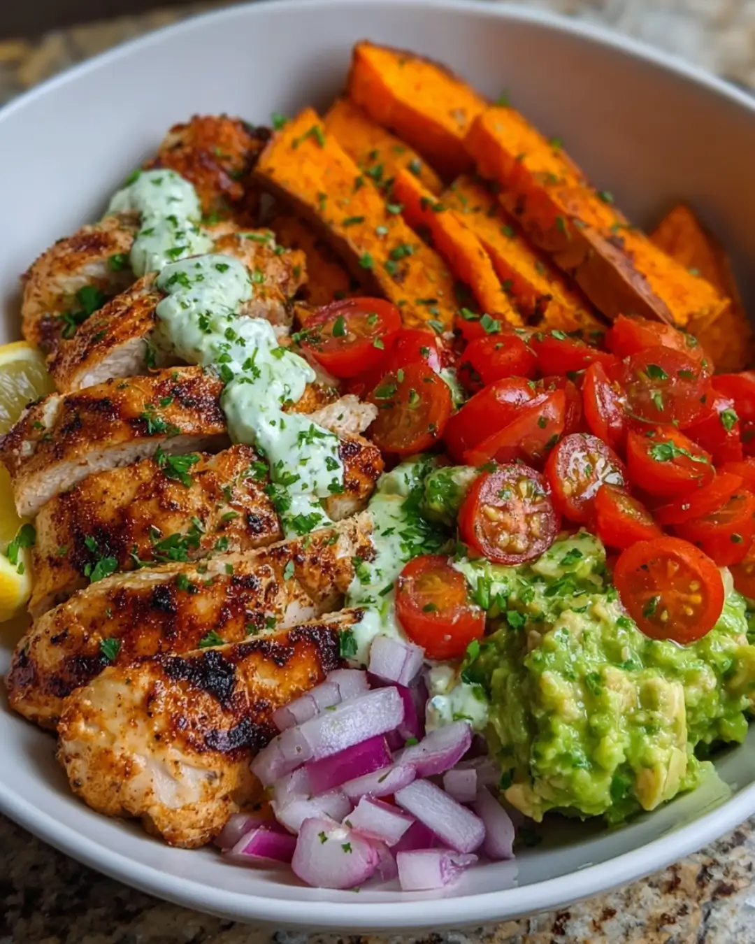 Grilled Chicken & Sweet Potato Bowls with Avocado Tomato Salsa and Creamy Avocado Feta Sauce
