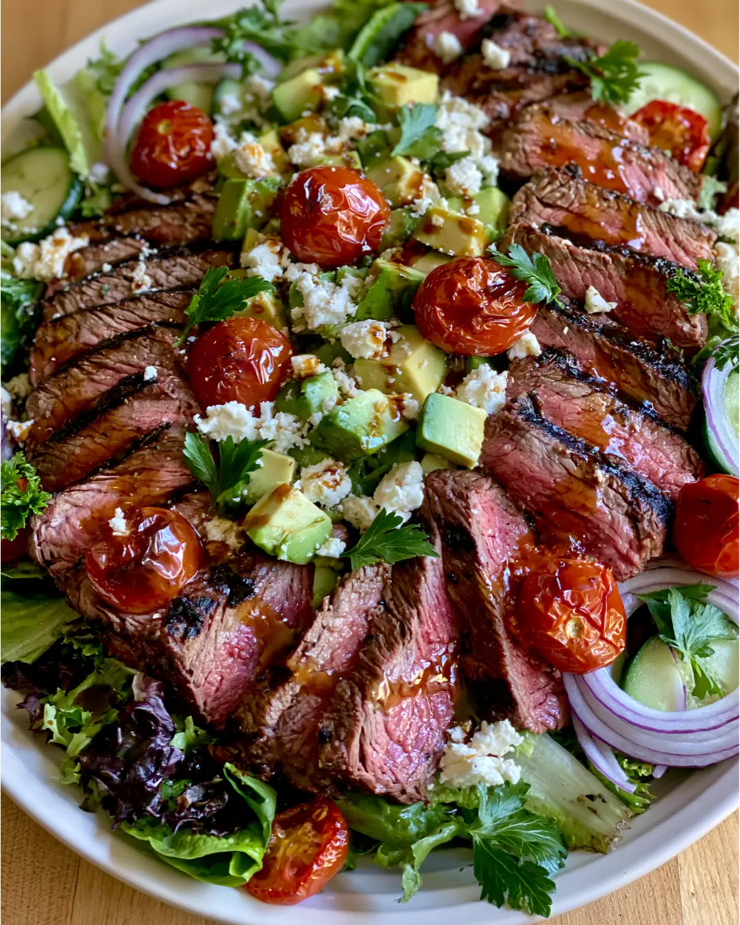 Grilled Steak Salad with Avocado, Feta, Roasted Tomatoes & Honey Balsamic Dressing