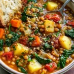Hearty Lentil, Potato & Vegetable Soup with Spinach & Tomatoes