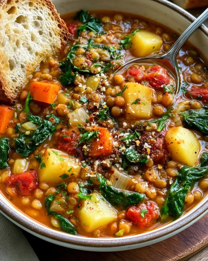Hearty Lentil, Potato & Vegetable Soup with Spinach & Tomatoes
