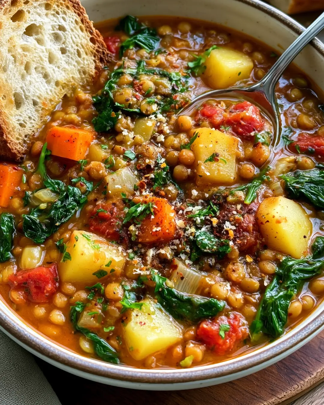 Hearty Lentil, Potato & Vegetable Soup with Spinach & Tomatoes