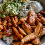 Honey Garlic Chicken & Crispy Sweet Potato Bowl with Avocado Salsa & Herbed Yogurt