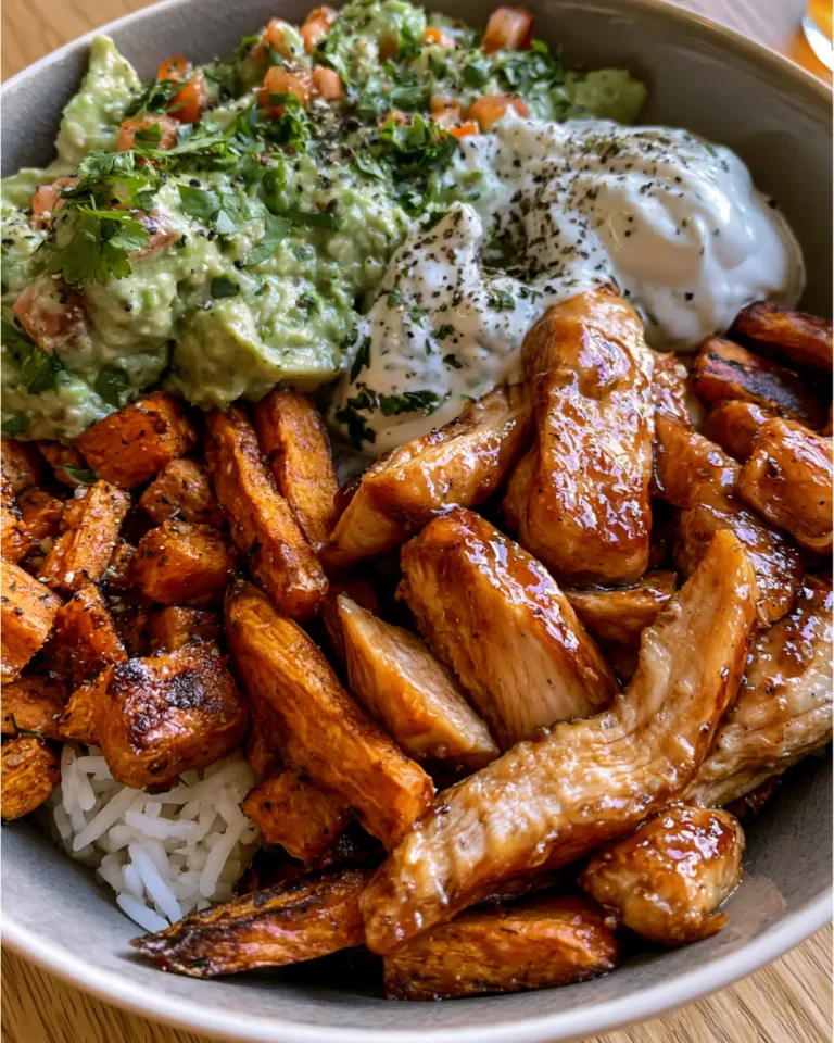 Honey Garlic Chicken & Crispy Sweet Potato Bowl with Avocado Salsa & Herbed Yogurt