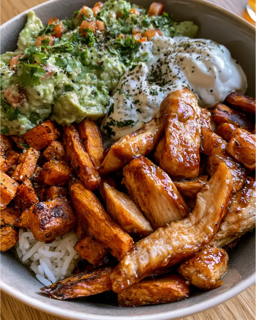 Honey Garlic Chicken & Crispy Sweet Potato Bowl with Avocado Salsa & Herbed Yogurt