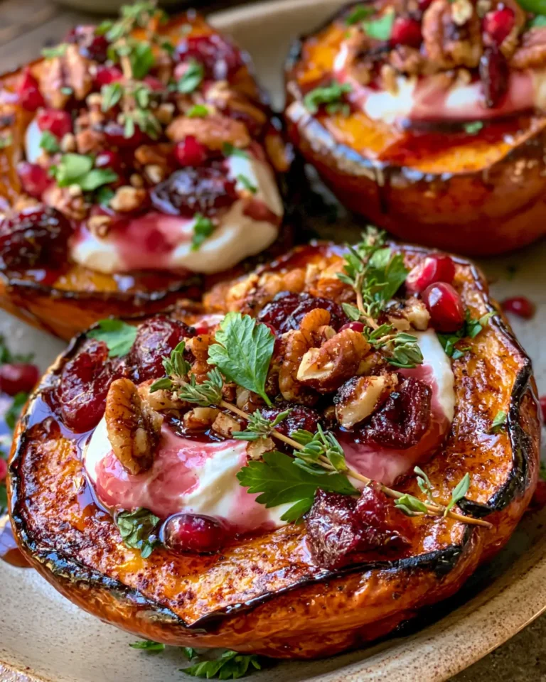 Honey-Glazed Acorn Squash with Creamy Goat Cheese and Cranberry Drizzle