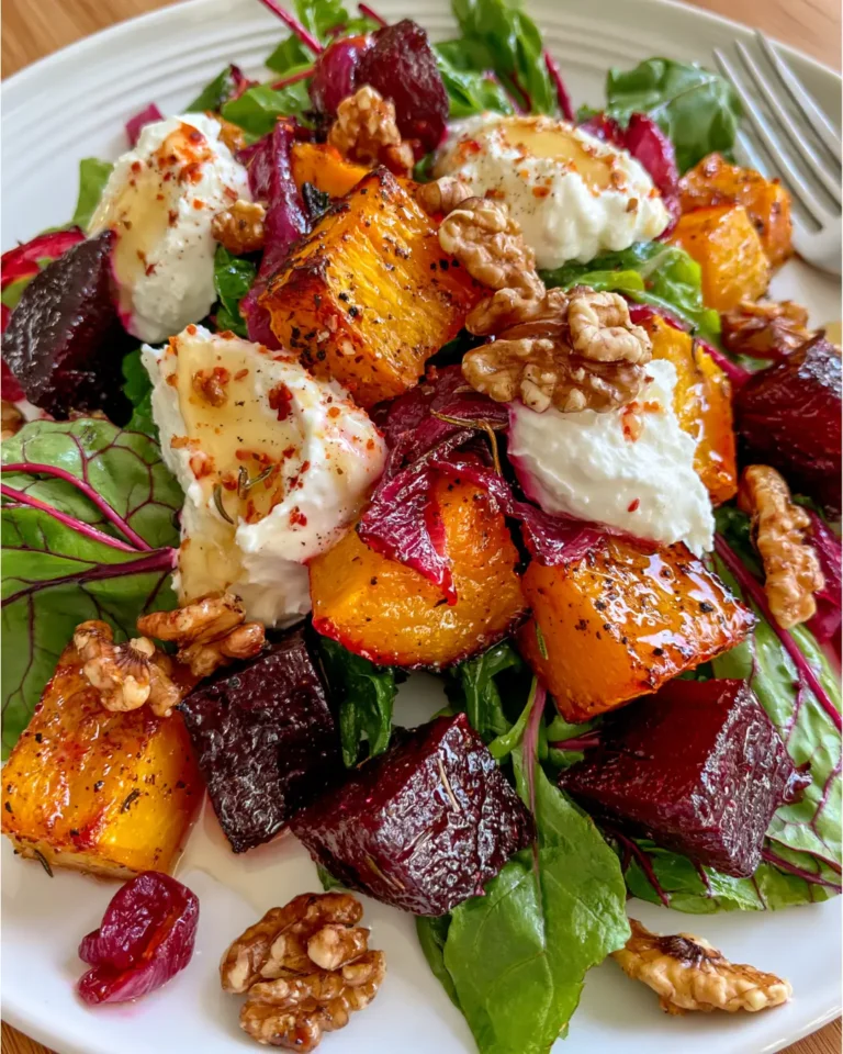 Honey-Roasted Butternut Squash & Beet Salad with Whipped Goat Cheese, Walnuts & Hot Honey
