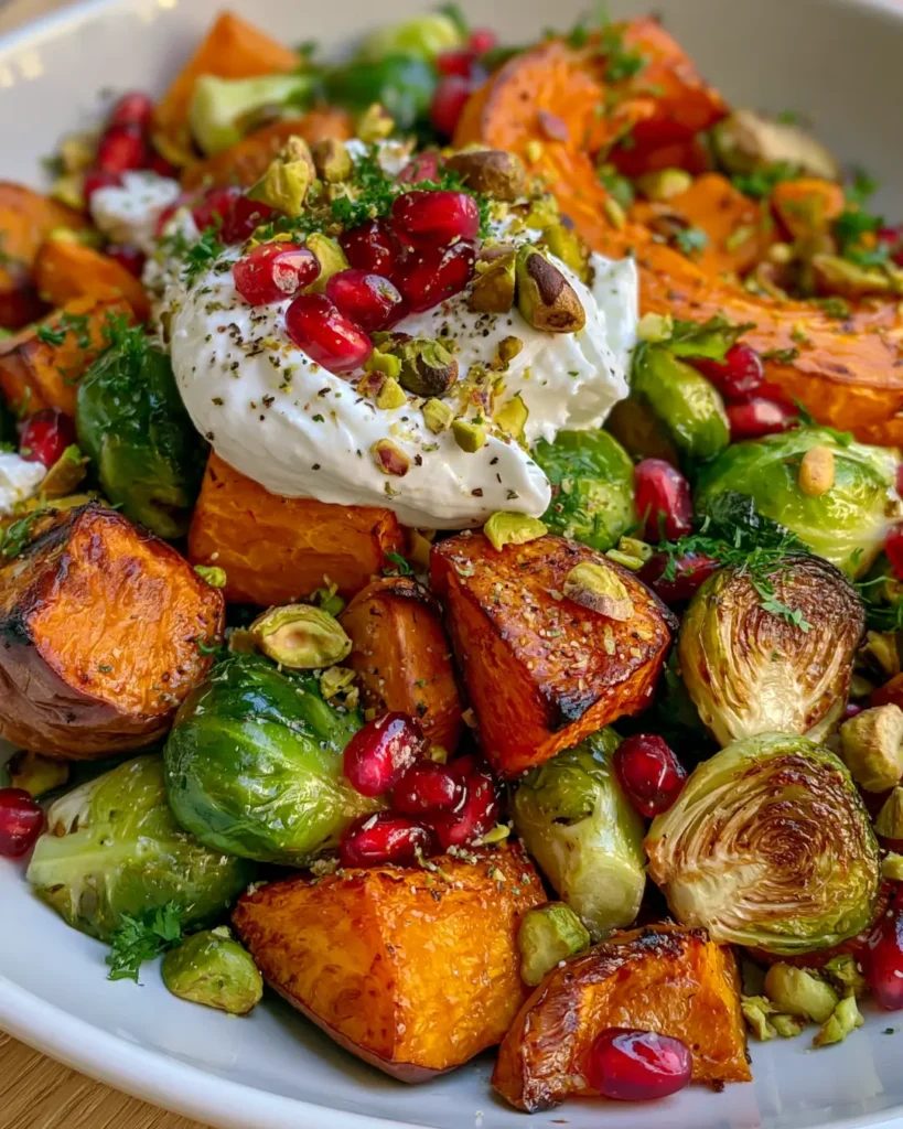 Honey-Roasted Sweet Potato, Pumpkin & Brussels Sprouts with Whipped Feta, Pomegranate & Pistachios