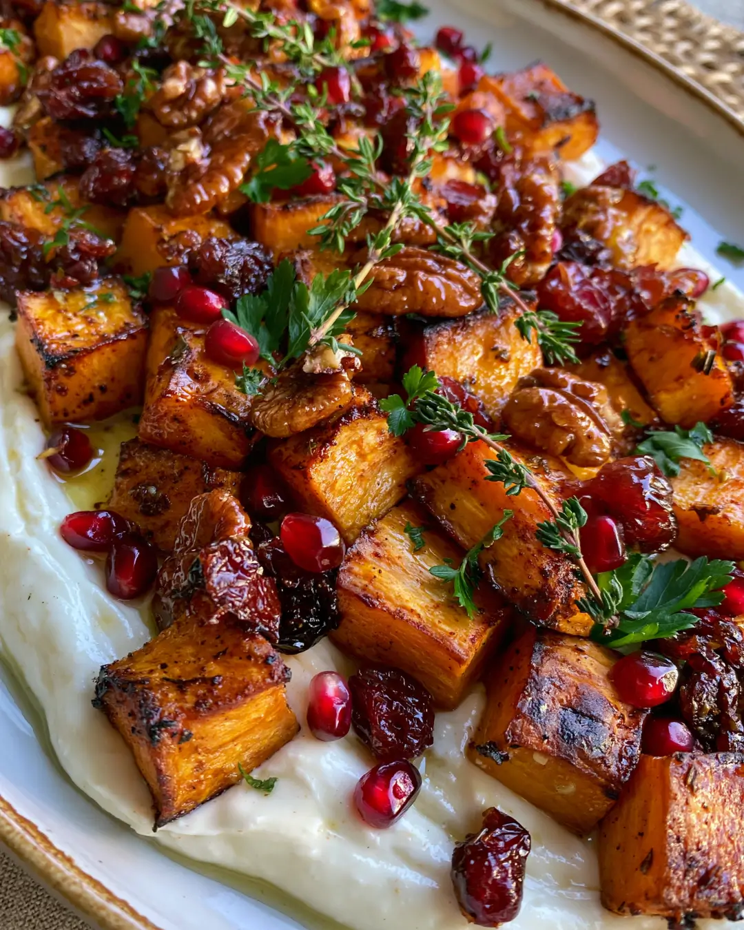 Honey-Roasted Sweet Potatoes with Whipped Feta, Cranberries, Candied Pecans & Pomegranate