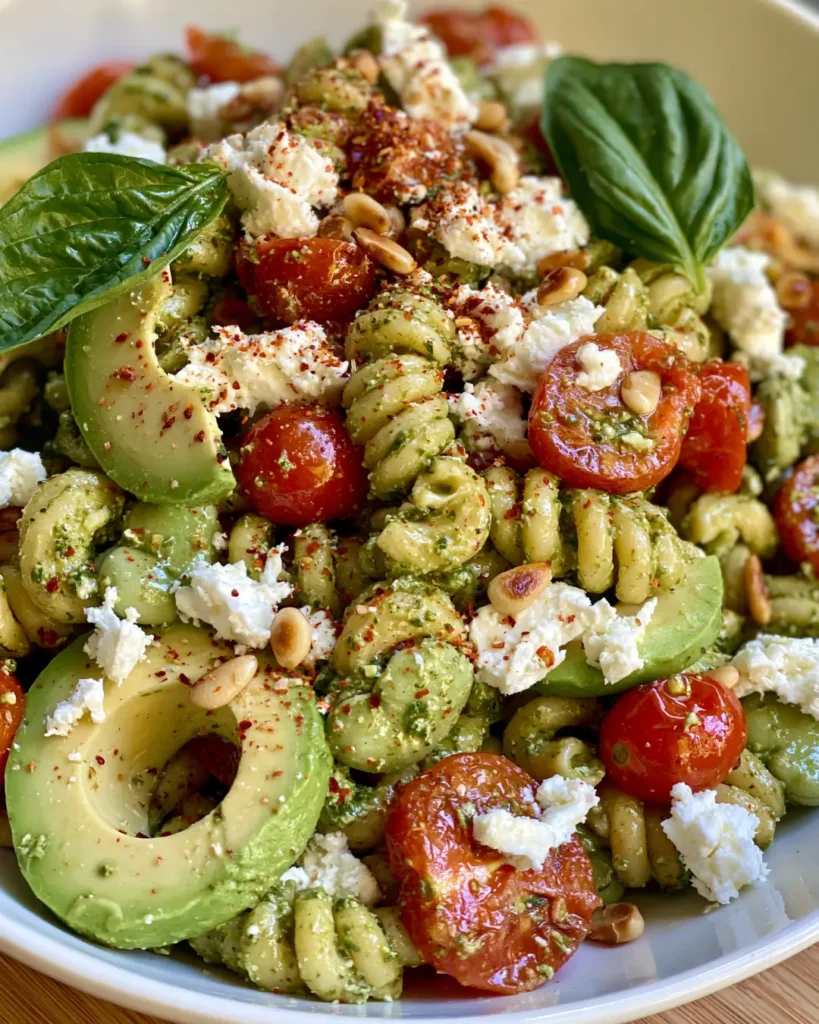 Italian Pesto Pasta Salad with Feta, Avocado, Cherry Tomatoes & Toasted Pine Nuts