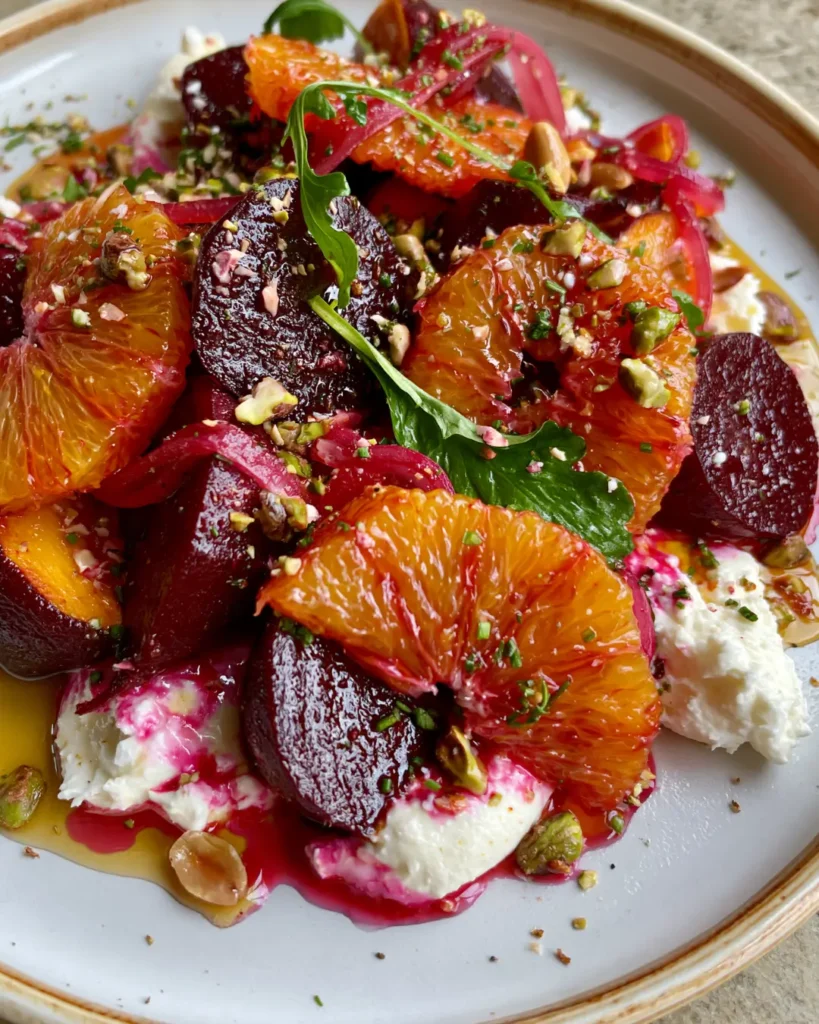 Jewel-Toned Beetroot Salad with Blood Orange, Whipped Feta, Pistachios & Hot Honey