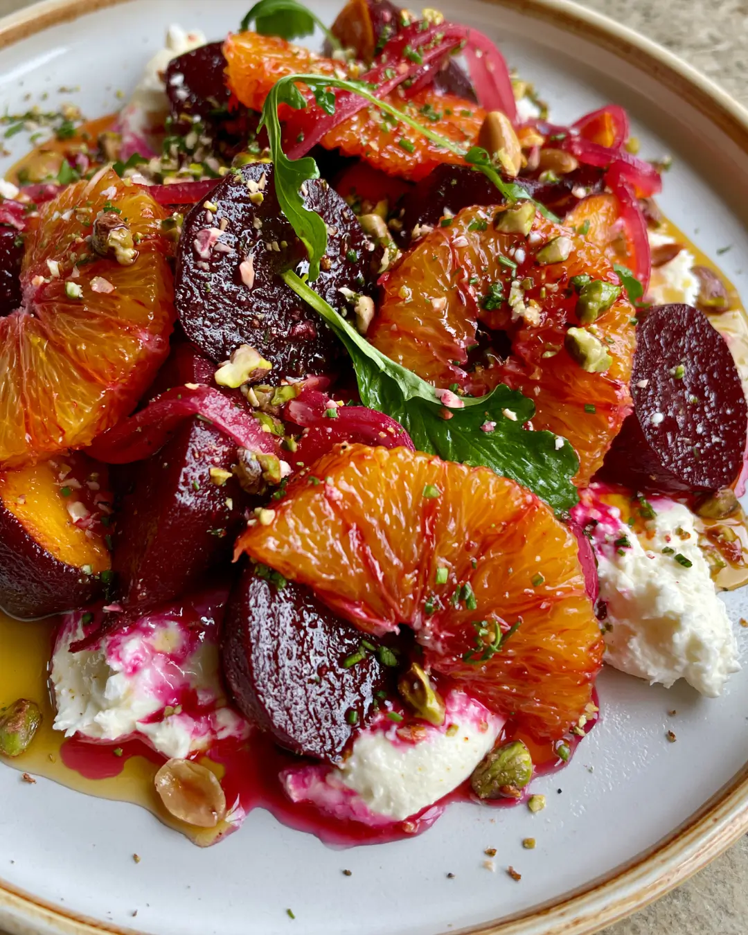 Jewel-Toned Beetroot Salad with Blood Orange, Whipped Feta, Pistachios & Hot Honey