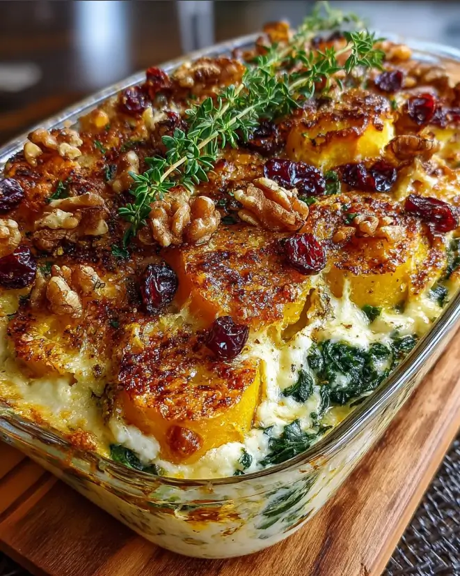 Layered Pumpkin, Spinach & Ricotta Bake with Cranberry Honey Walnut Crunch